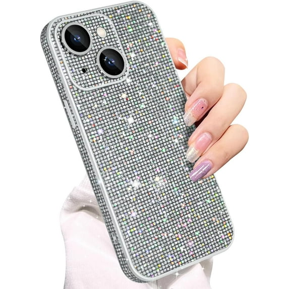 Compatible with iPhone 14 Glitter Case Women Girls Bling Sparkle Phone Case Camera Lens Protection Slim Soft Bumper Shockproof Protective Cover for iPhone 14 6.1 inch, Silver