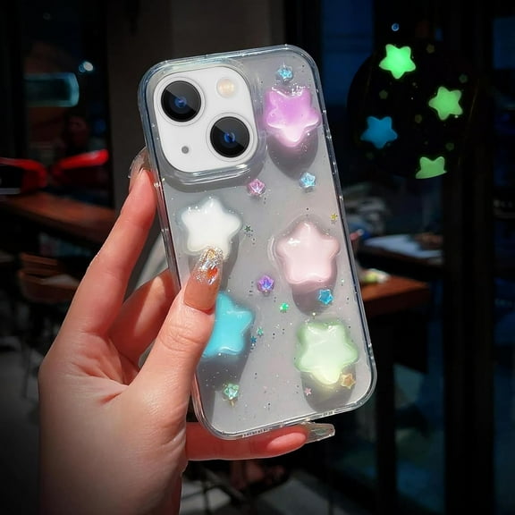 Compatible with iPhone 14 Luminous Case 3D Stars Clear Case Glow in The Dark Noctilucent Bling Case for Women Girly Soft Slim TPU Bumper Shockproof Light up Phone Cover