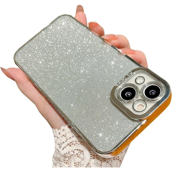 Compatible for iPhone 14 Luxury Glitter Plating Clear Case, Cute Bling Sparkly Shiny Case for Women Girls Soft TPU Shockproof Camera Protective Back Cover Electroplated Case - Silver