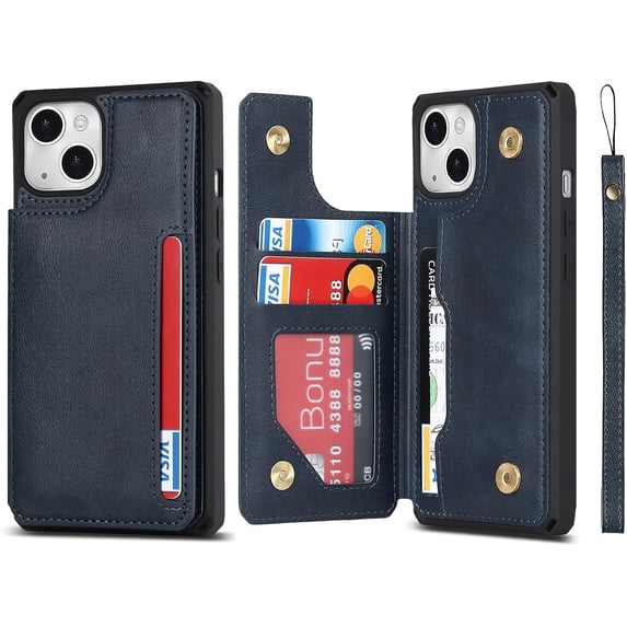 Compatible with iPhone 14 Luxury PU Leather Case with Card Holder,Cash Slots,Stand Function Back Wallet Case Flip Wrist Strap Double Magnetic Clasp Protective Case for iPhone 14 6.1",Blue