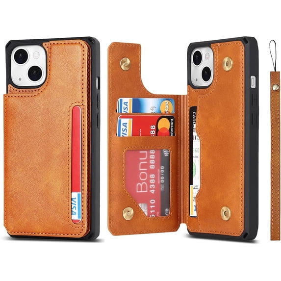 Compatible with iPhone 14 Luxury PU Leather Case with Card Holder,Cash Slots,Stand Function Back Wallet Case Flip Wrist Strap Double Magnetic Clasp Protective Case for iPhone 14 6.1",Khaki