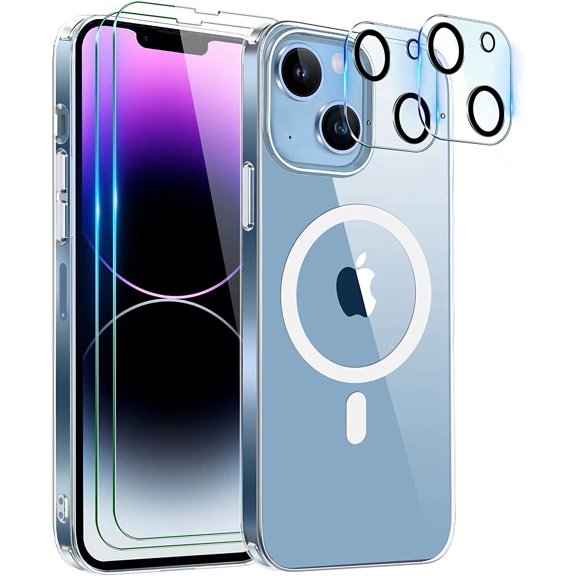 Compatible for iPhone 14 Magnetic Case, Crystal Clear 2 Pcs Glass Screen Protectors+2 Pcs Camera Protectors for iPhone 14 Heavy Duty Clear Case Compatible with Magsafe
