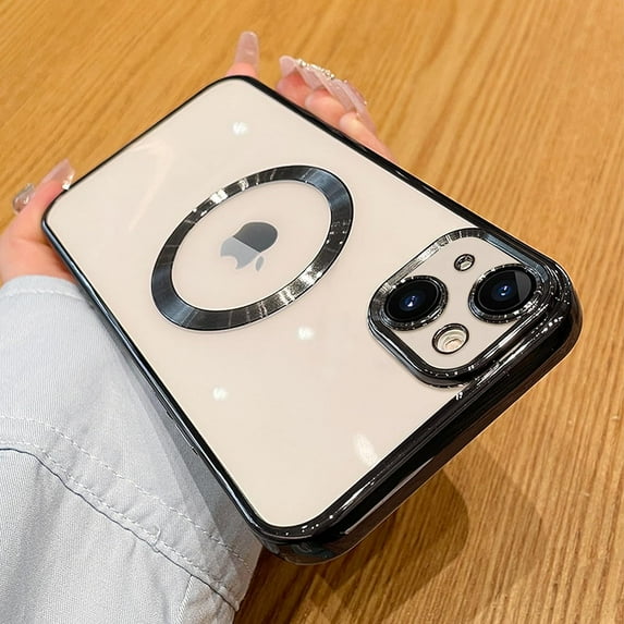 Compatible with iPhone 14 Magnetic Clear Case,Luxury Plating Bling Transparent Shockproof MagSafe Case with Full Camera Lens Protector for iPhone 14 Women Girl Men-Elegant Black