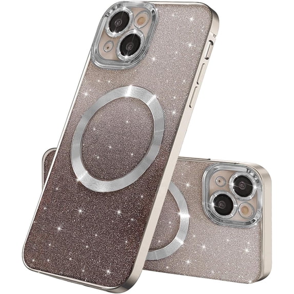 Compatible with iPhone 14 Magnetic Gardient Glitter Case, Plating Bling Cute Case with MagSafe for Women Girls Full Camera Protector Back Cover for iPhone 14 6.1'' Silver