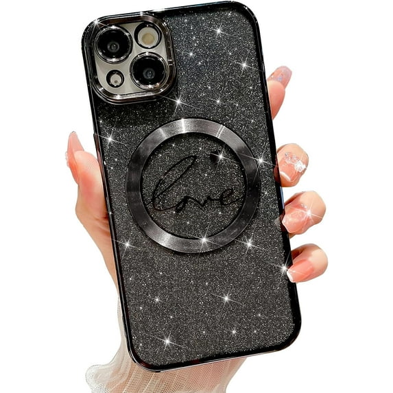 Compatible with iPhone 14 Magnetic Glitter Case-6.1 Inch, Luxury Love Heart Pattern Plating Clear Case, Compatible with MagSafe for Women Girls Shockproof Back Cover-Black