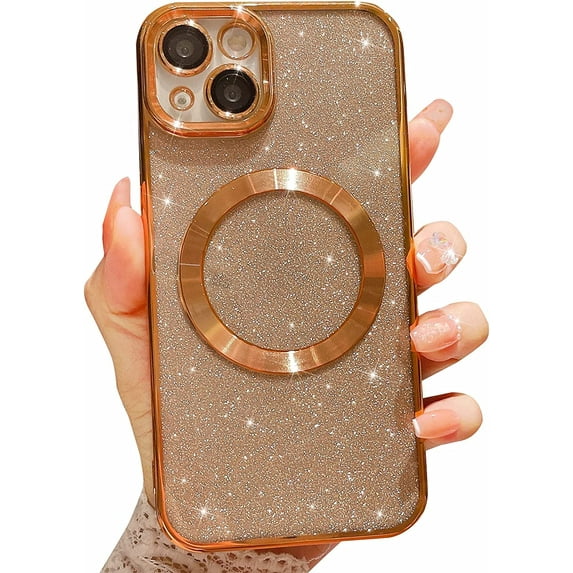 Compatible with iPhone 14 Magnetic Glitter Case, Luxury Plating Cute Bling Clear Phone Case, Compatible with MagSafe for Women Girls with Camera Protector Back Cover - Gold