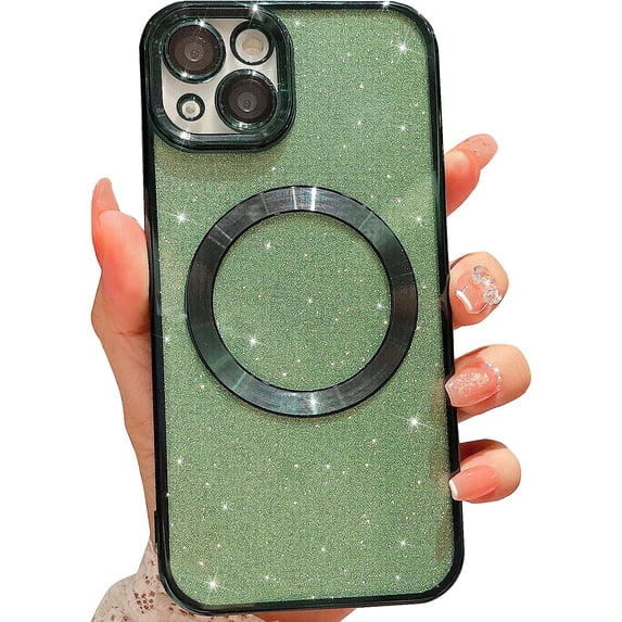 Compatible with iPhone 14 Magnetic Glitter Case, Luxury Plating Cute Bling Clear Phone Case, Compatible with MagSafe for Women Girls with Camera Protector Back Cover - Green