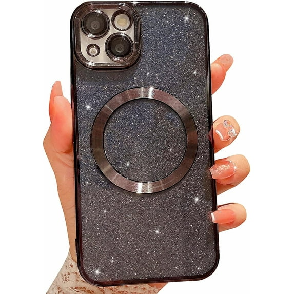 Compatible with iPhone 14 Magnetic Glitter Case, Luxury Plating Cute Bling Clear Phone Case, Compatible with MagSafe for Women Girls with Camera Protector Back Cover - Black