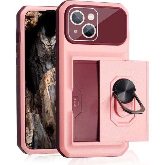 Compatible with iPhone 14 Max Case with Card Holder Hidden Card Slot Slim Wallet Case, Heavy Duty Rugged Shockproof Phone Built in Ring Stand Holde Pink