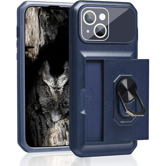 Compatible with iPhone 14 Max Case with Card Holder Hidden Card Slot Slim Wallet Case, Heavy Duty Rugged Shockproof Phone Built in Ring Stand Holde Blue