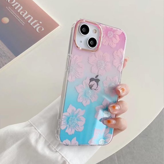 Compatible with iPhone 14 Max Gradient Clear Case Bling Shiny Cherry Pattern Blossoms Electroplating Lens Frame Bumper Fashion Luxury Shockproof Cover for Women Girls
