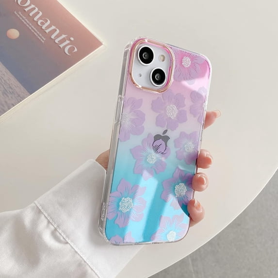 Compatible with iPhone 14 Max Gradient Clear Case Bling Shiny Cherry Pattern Blossoms Electroplating Lens Frame Bumper Fashion Luxury Shockproof Cover for Women Girls