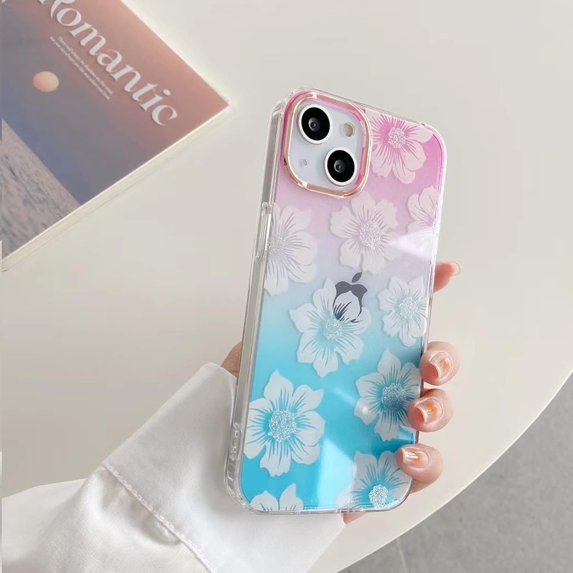 Compatible with iPhone 14 Max Gradient Clear Case Bling Shiny Cherry Pattern Blossoms Electroplating Lens Frame Bumper Fashion Luxury Shockproof Cover for Women Girls