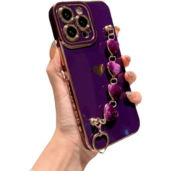 Compatible with iPhone 14 PRO MAX 5g Case with Love Heart Bracelet Luxury Cute Hearts Cover for Women with Metal Chain Strap Gold Plated with Side Love Pattern Soft Shockproof Bumper (Purple)