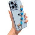thumbnail image 1 of Compatible with iPhone 14 PRO MAX 5g Case with Love Heart Bracelet Luxury Cute Hearts Cover for Women with Metal Chain Strap Gold Plated with Side Love Pattern Soft Shockproof Bumper (Blue), 1 of 11