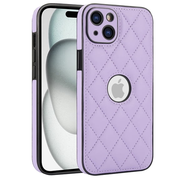 Compatible WIth iPhone 14 Phone Case with Logo Window,Trendy Diamond-checkered Pattern PU Leather Soft TPU Ultra Slim Anti-fall Shockproof Protective Back Cover Phone Case,Violet