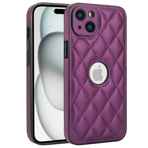 Compatible WIth iPhone 14 Phone Case with Logo Window,Trendy Diamond-checkered Pattern PU Leather Soft TPU Ultra Slim Anti-fall Shockproof Protective Back Cover Phone Case,Deeppurple