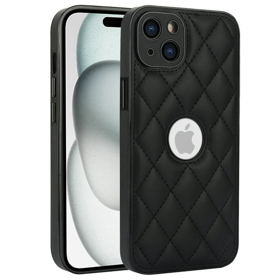 Compatible WIth iPhone 14 Phone Case with Logo Window,Trendy Diamond-checkered Pattern PU Leather Soft TPU Ultra Slim Anti-fall Shockproof Protective Back Cover Phone Case,Black