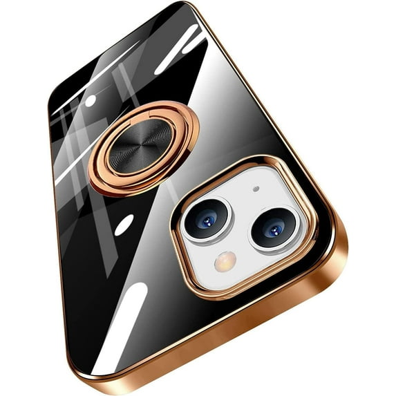 Compatible with iPhone 14 Plus 5g Case Slim Thin with Ring Stand Metal Electroplated Soft Flexible Tup Frame Full Body Shock-Absorption Bumper Hard Back Mobile Cover-Black