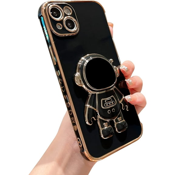 Compatible with iPhone 14 Plus 6.7" Phone Case Luxury Plating Cute Astronaut Hidden Stand Holder Case with Side Cute Small Heart Pattern Shockproof Folding Kickstand Soft Cover (Black)