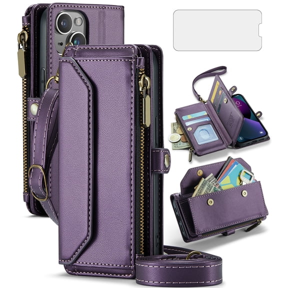 Compatible with iPhone 14 Plus 6.7 inch Zipper Wallet Phone Case Tempered Glass Screen Protector Crossbody Lanyard Strap Flip Card Holder Slot Cell Cover for i-Phone 14+ iPhone14Plus 5G Women Purple