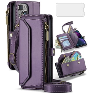 Compatible with iPhone 14 Plus 6.7 inch Zipper Wallet Phone Case Tempered Glass Screen Protector Crossbody Lanyard Strap Flip Card Holder Slot Cell Cover for i-Phone 14+ iPhone14Plus 5G Women Purple