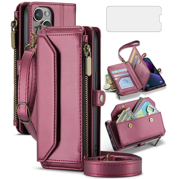 Compatible with iPhone 14 Plus 6.7 inch Zipper Wallet Phone Case Tempered Glass Screen Protector Crossbody Lanyard Strap Flip Card Holder Slot Cell Cover for i-Phone 14+ iPhone14Plus Women Wine Red