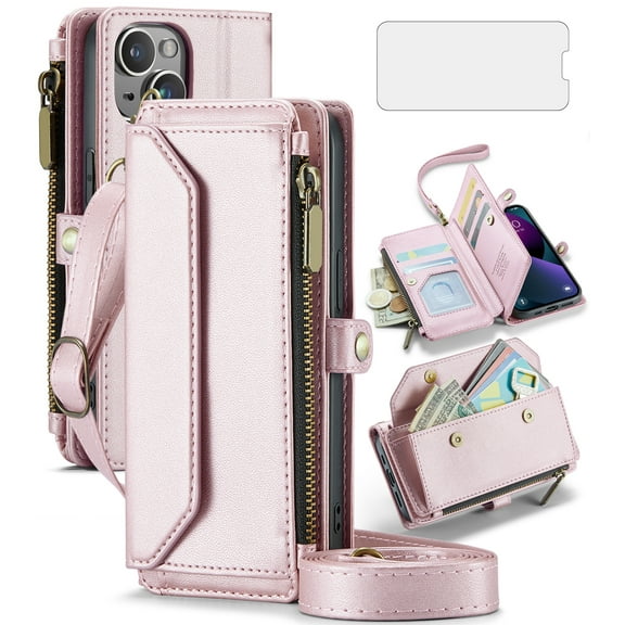 Compatible with iPhone 14 Plus 6.7 inch Zipper Wallet Phone Case Tempered Glass Screen Protector Crossbody Lanyard Strap Flip Card Holder Slot Cell Cover for i-Phone 14 iPhone14Plus Women Rose Gold