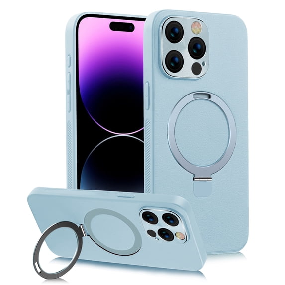 Compatible with iPhone 14 Plus Back Case, Classic PU Leather Rotating Magnetic Ring Kickstand Ultra Slim Lightweight Drop Protective Phone Case Cover for iPhone 14 Plus, Cyan