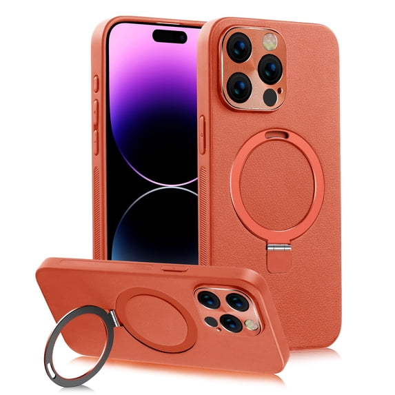 Compatible with iPhone 14 Plus Back Case, Classic PU Leather Rotating Magnetic Ring Kickstand Ultra Slim Lightweight Drop Protective Phone Case Cover for iPhone 14 Plus, Orange