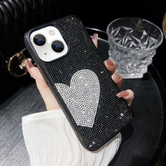 Compatible with iPhone 14 Plus Bling Case Glitter Full Diamond Rhinestone Sparkle Loving Heart Case for Women Girls Girly Aesthetic Luxury Shiny Crystal Slim Soft Bumper Phone Cover, Black