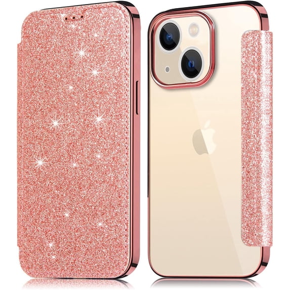 Compatible with iPhone 14 Plus Bling Wallet Case Sparkly PU Leather Shiny Glitter Flip Kickstand Card Holder Soft Clear Back Fashion Luxury Protection Shockproof Cover for Women Girls