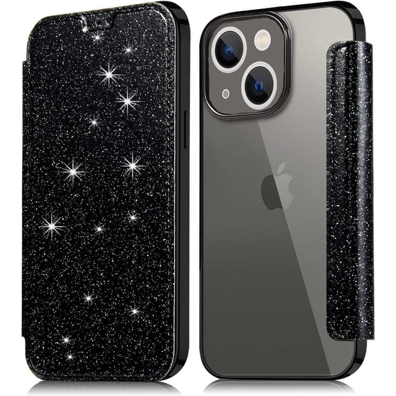 Compatible with iPhone 14 Plus Bling Wallet Case Sparkly PU Leather Shiny Glitter Flip Kickstand Card Holder Soft Clear Back Fashion Luxury Protection Shockproof Cover for Women Girls