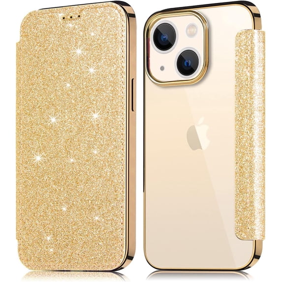 Compatible with iPhone 14 Plus Bling Wallet Case Sparkly PU Leather Shiny Glitter Flip Kickstand Card Holder Soft Clear Back Fashion Luxury Protection Shockproof Cover for Women Girls