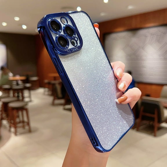 Compatible with iPhone 14 Plus, Camera Lens Protector Plating Luxury Glitter Bling Cover for Women Clear Soft TPU Shockproof Anti-Fall Protective Phone Case For iPhone 14 Plus, Navyblue