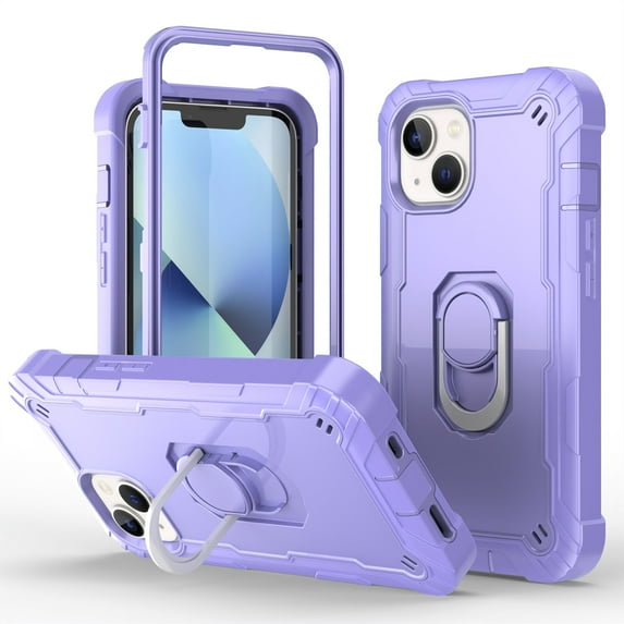 Compatible with iPhone 14 Plus Case 6.7 Inch 2022, Hybrid 2 in 1 Hard PC Soft TPU Heavy Duty Rugged Bumper Shockproof Full-Body Protective Cover with Finger Ring Kickstand, Purple