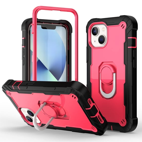 Compatible with iPhone 14 Plus Case 6.7 Inch 2022, Hybrid 2 in 1 Hard PC Soft TPU Heavy Duty Rugged Bumper Shockproof Full-Body Protective Cover with Finger Ring Kickstand, Black + Rose