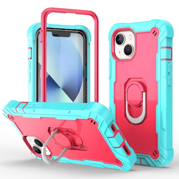 Compatible with iPhone 14 Plus Case 6.7 Inch 2022, Hybrid 2 in 1 Hard PC Soft TPU Heavy Duty Rugged Bumper Shockproof Full-Body Protective Cover with Finger Ring Kickstand, Green + Rose