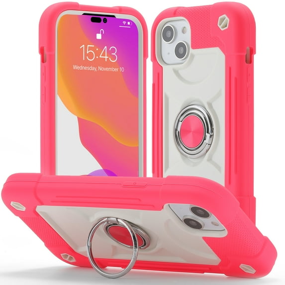 Compatible with iPhone 14 Plus Case 6.7 Inch with 360°Rotate Ring Stand Holder, Military Grade Shockproof Drop Protection Rugged Heavy Duty Case 3 in 1 Protective Cover, Rose
