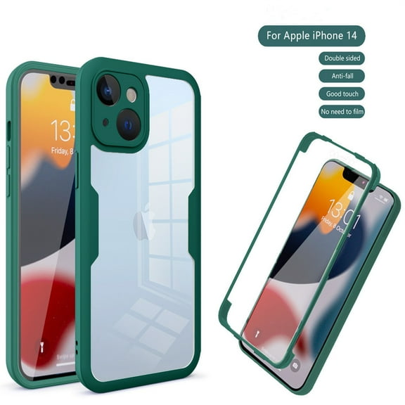 Compatible with iPhone 14 Plus Case Clear with Built-in Screen Protector Camera Lens Protection,Transparent Rugged TPU Silicone Full Body Phone Case for iPhone 14 Plus 6.7 inch, Deep Green