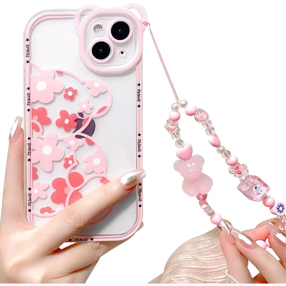 Compatible for iPhone 14 Plus Case Cute Bear Clear Floral Flower for Girls Women Pattern with Bear Ears Soft TPU Shockproof Protective Girly-Pink Flower Bear