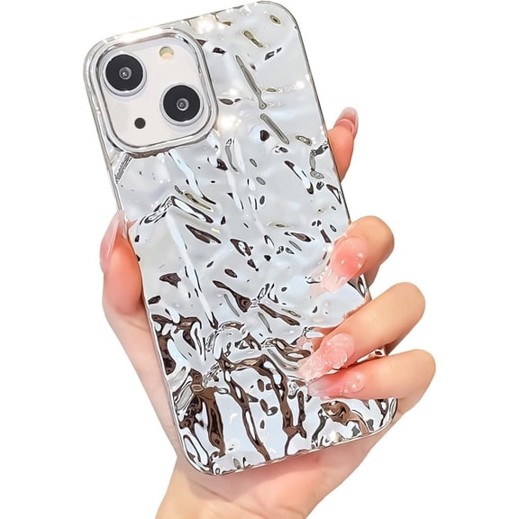 Compatible for iPhone 14 Plus Case Cute Luxury Designer Tin Foil Pleated Phone Cover for Women Electroplated Sparkly Silicone Protective Slim Fit Soft Case 6.7Inch (iPhone 14 Plus)