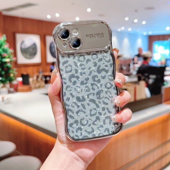 Compatible for iPhone 14 Plus Case,Cute Sparkly Bling Leopard Glitter Electroplated Wavy Edge Design for Women Girls TPU Shockproof Anti-Scratch Protective Phone Cover Case,Silver