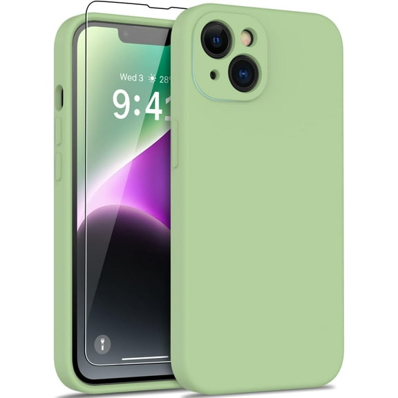 Compatible with iPhone 14 Plus Case - Enhanced Camera Protection and Screen Protector - Soft Liquid Silicone Cover - Slim Fit Protective Phone Case 6.7" for Women Girls - Tea Green