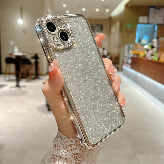 Compatible With iPhone 14 Plus Case Glitter Powder Bling Rhinestone Sparkle Shiny Bumper Design Soft Silicone Luxury Fashion Protective Shockproof Phone Case for Women or Girls,Silver