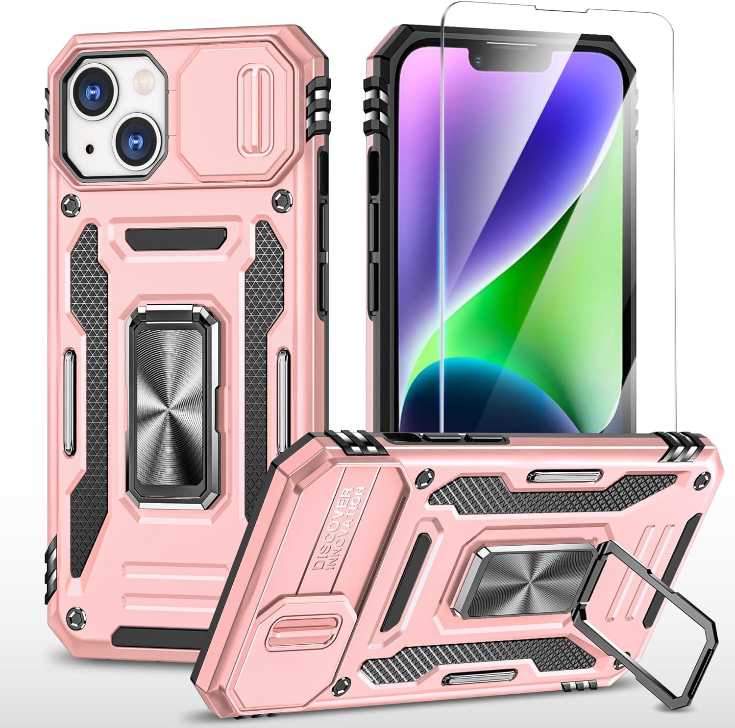Compatible with iPhone 14 Plus Case with HD Screen Protector & Slide Camera Cover & Rotated Ring