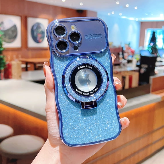 Compatible with iPhone 14 Plus Case, Luxury Glitter Plating Magsafe Ring Kickstand Case Compatible with MagSafe for Women Girls Shockproof Protective Back Cover with Lens Protector - Blue