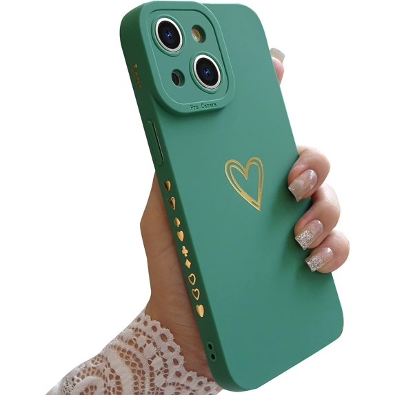 Compatible for iPhone 14 Plus Case Luxury Gold Heart Pattern, Side Cute Plated Heart Pattern Case for Women Girls Soft TPU Shockproof Camera Protective Back Cover Case - Green