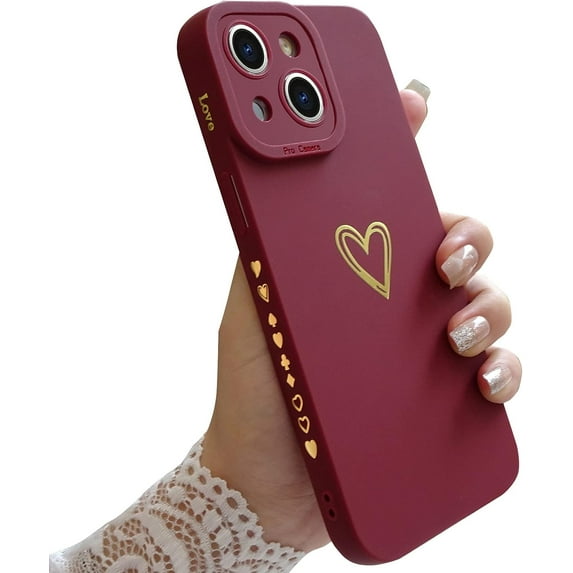 Compatible for iPhone 14 Plus Case Luxury Gold Heart Pattern, Side Cute Plated Heart Pattern Case for Women Girls Soft TPU Shockproof Camera Protective Back Cover Case - Red
