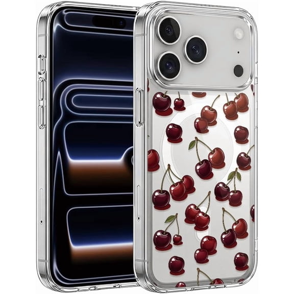 Compatible with iPhone 14 Plus Case Magnetic Clear Aesthetic Phone Case Slim Thin Soft Protective Cover Red Cherry Fruit Pattern Cute Vintage Style Fashion Shell for Women Girls